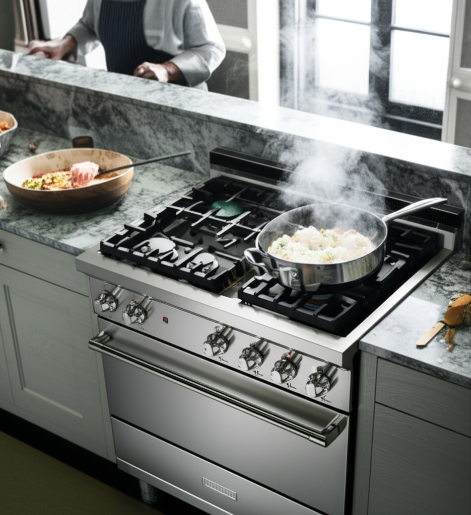 Professional gas cooktop with 5 burners in modern kitchen