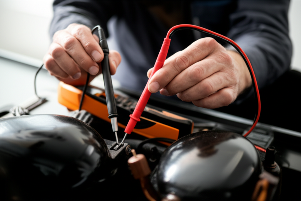 Technician performing diagnostic work on appliance