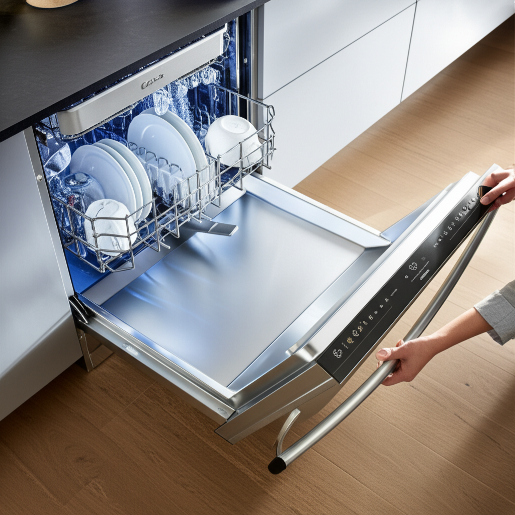 Premium Cove built-in dishwasher with door open showing organized racks