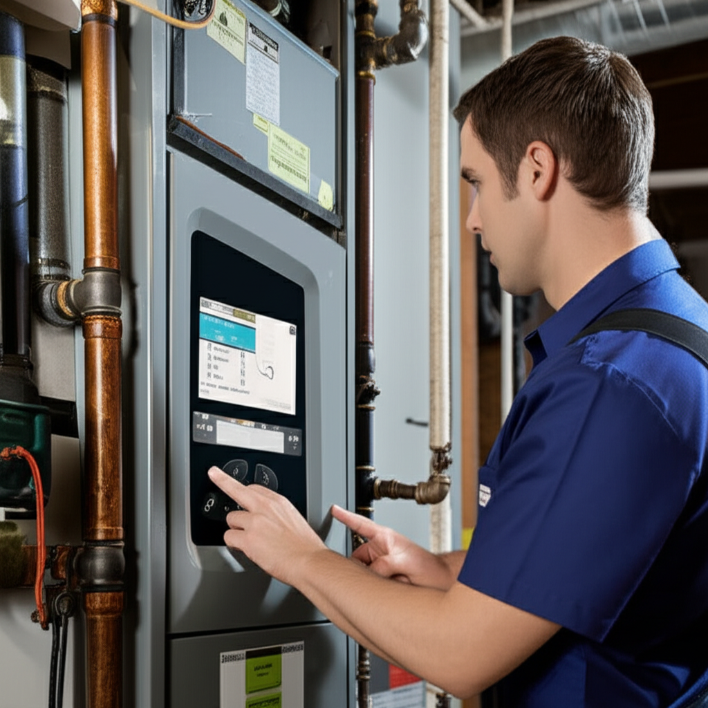 Professional technician inspecting modern home furnace
