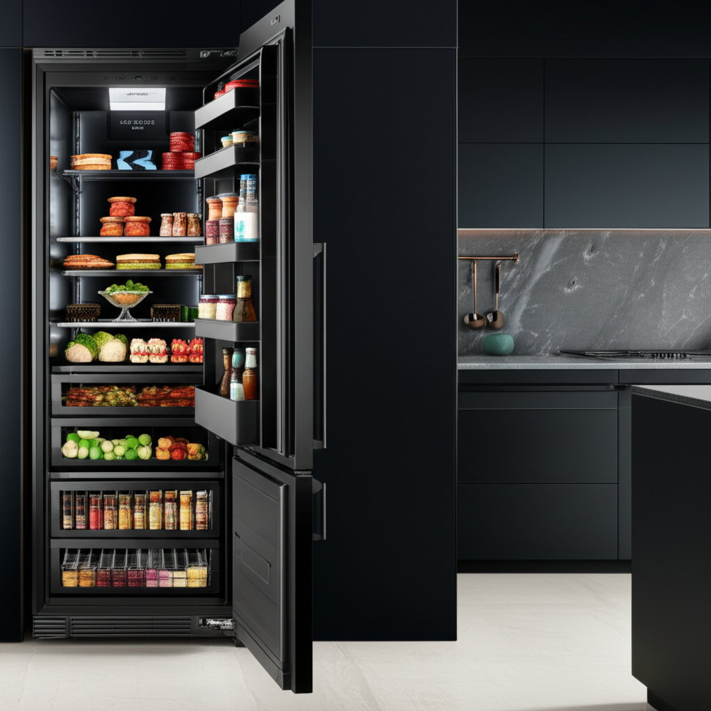 JennAir NOIR series built-in refrigerator with obsidian interior