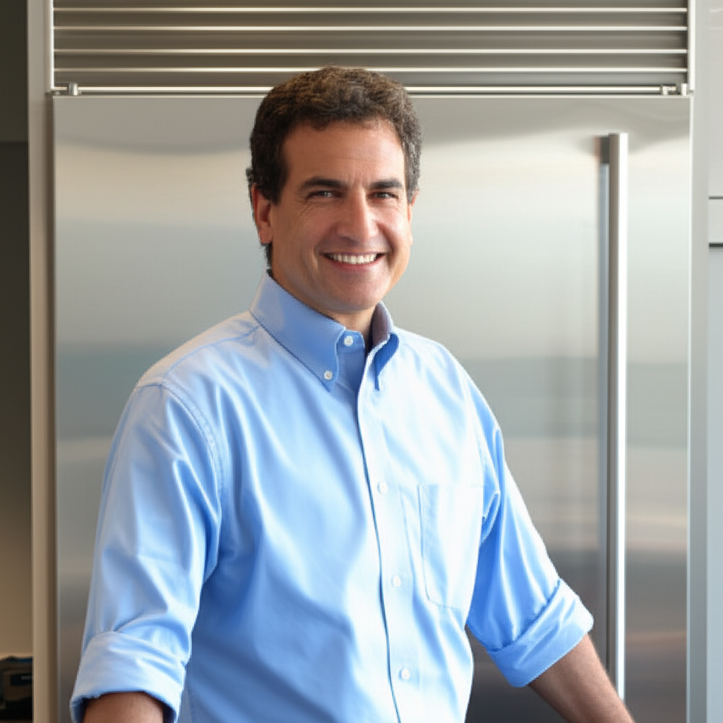 Satisfied customer with repaired appliance