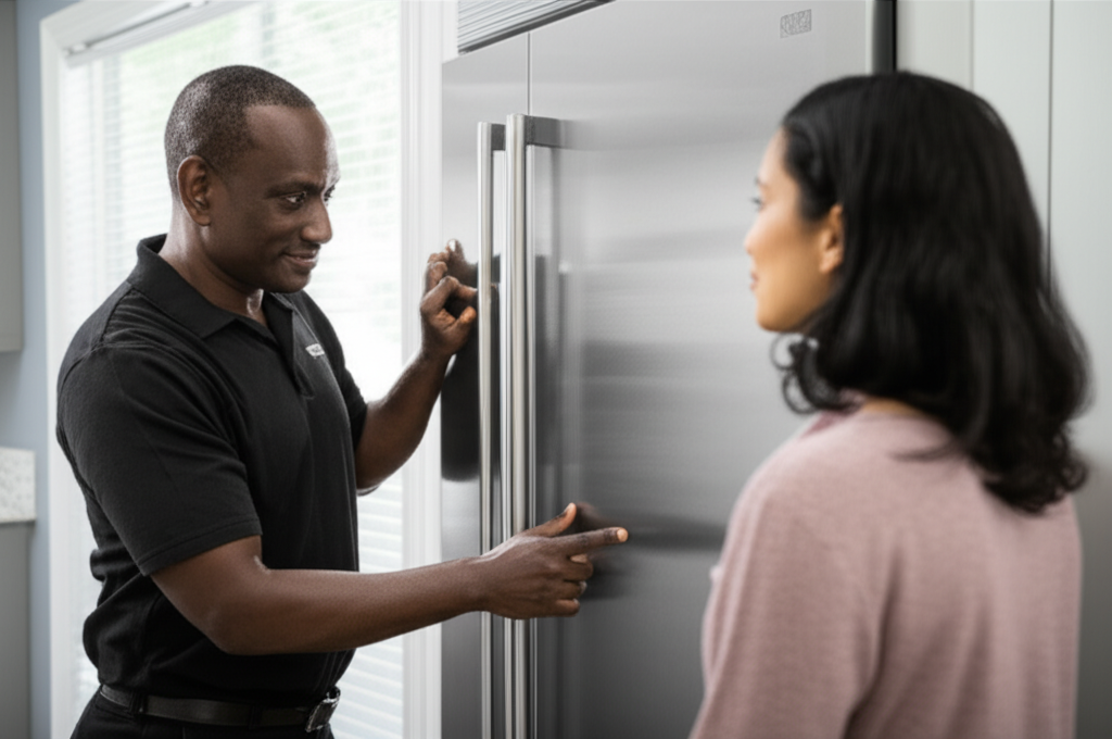 Technician consulting with homeowner about appliance repair