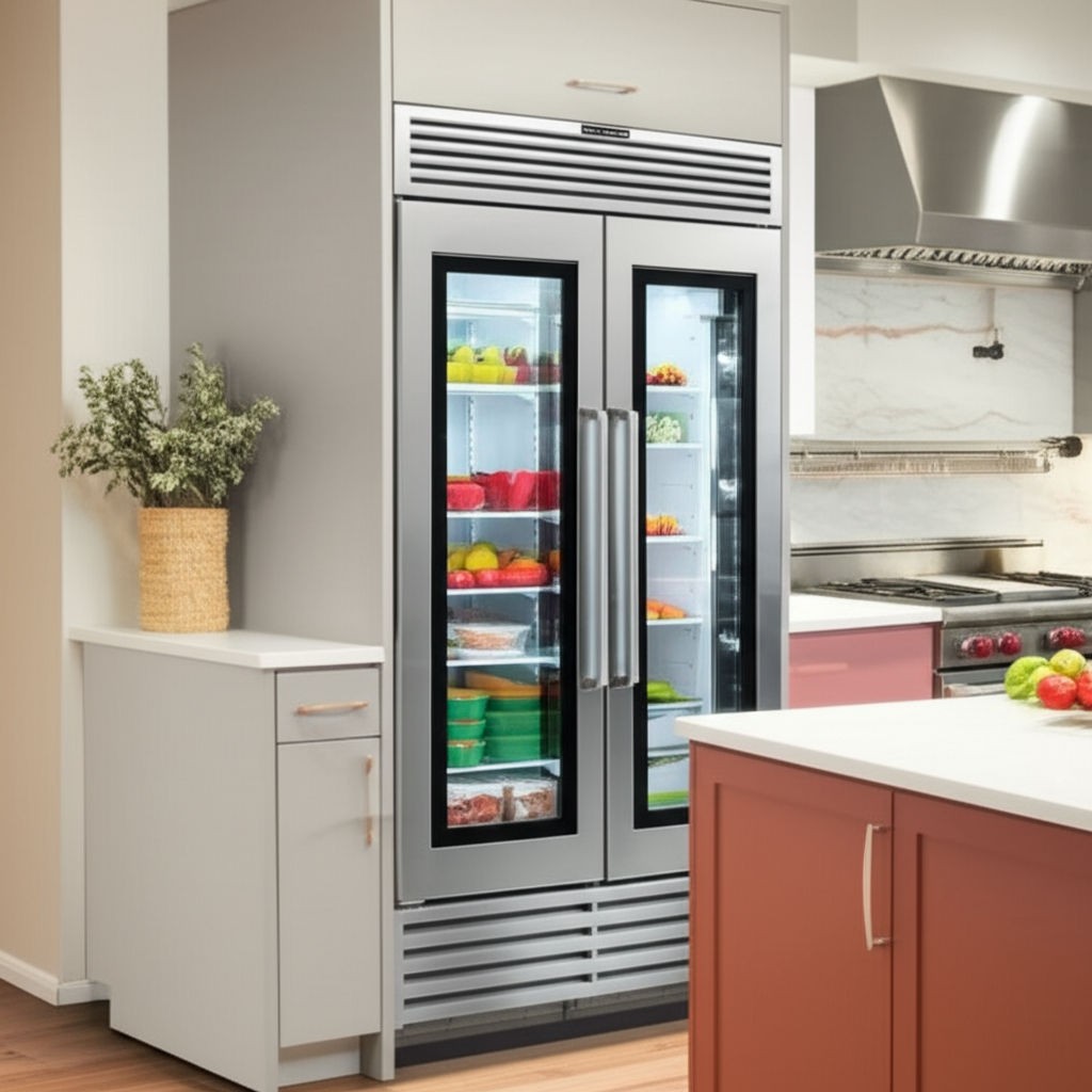 True Residential 48-inch side-by-side refrigerator in home chef's kitchen