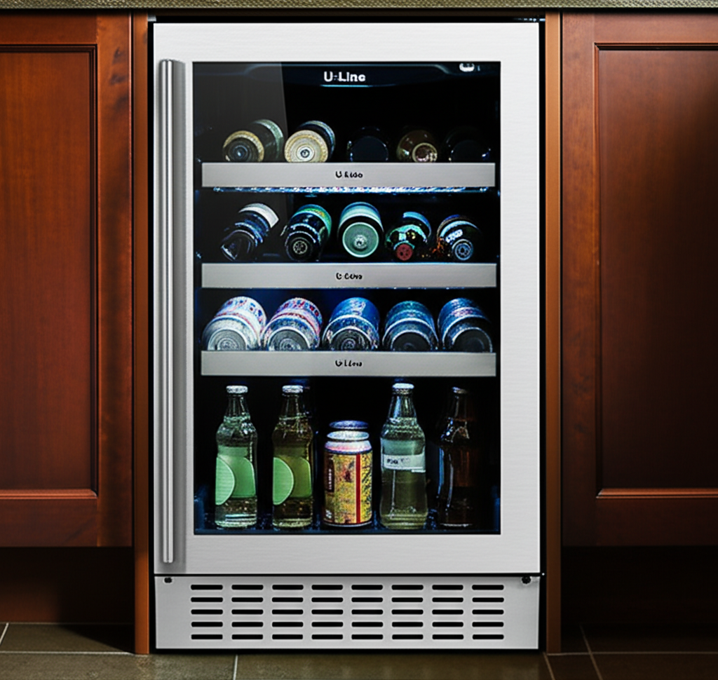 U-Line undercounter beverage center in home bar area