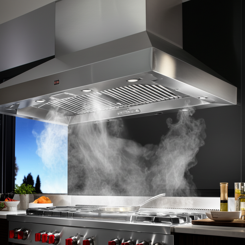 Professional Wolf ventilation hood above cooking surface capturing steam