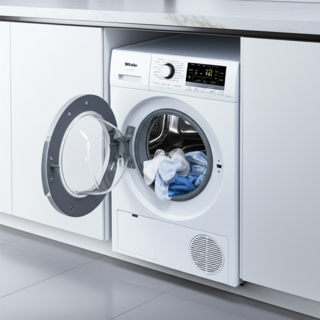 High-end front-load washing machine in modern laundry room